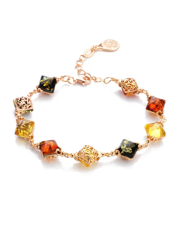 картинка Яркий нарядный браслет «Касабланка» с натуральным янтарём трёх цветов в онлайн магазине