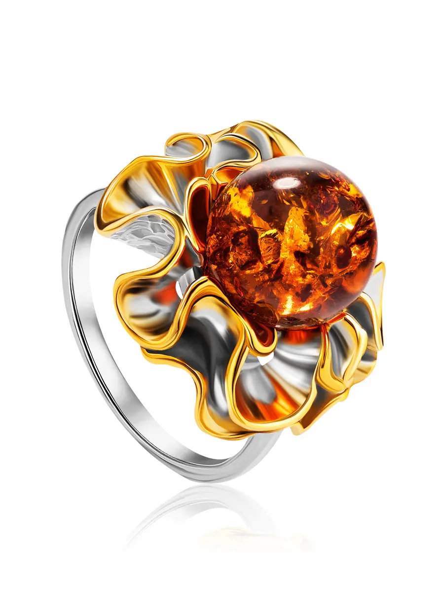 картинка Яркое объёмное кольцо из коньячного янтаря «Маргаритка» в онлайн магазине
