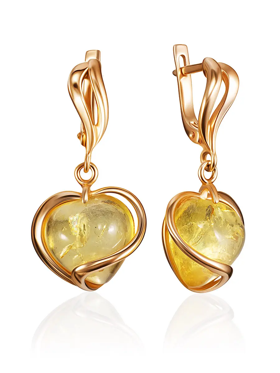 картинка Серьги из позолоченного серебра и лимонного янтаря «Сердце» в онлайн магазине