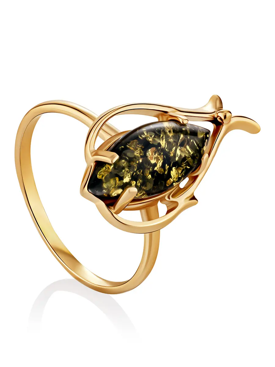 картинка Нарядное золотое кольцо со вставкой из натурального зелёного янтаря «Тюльпан» в онлайн магазине