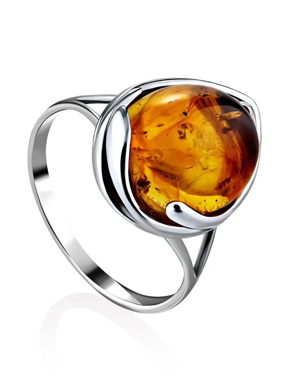 картинка Нежное кольцо из серебра со вставкой из натурального балтийского янтаря золотисто-коньячного цвета «Селена» в онлайн магазине
