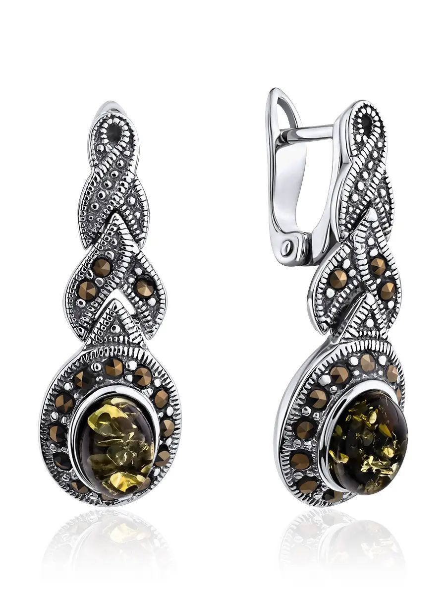 картинка Небольшие изящные серьги из серебра с янтарём в винтажном стиле «Эйфория» в онлайн магазине