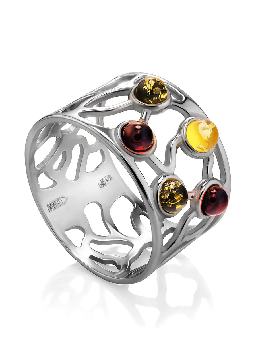 картинка Яркое широкое кольцо «Лимбо» из серебра и янтаря разных цветов в онлайн магазине