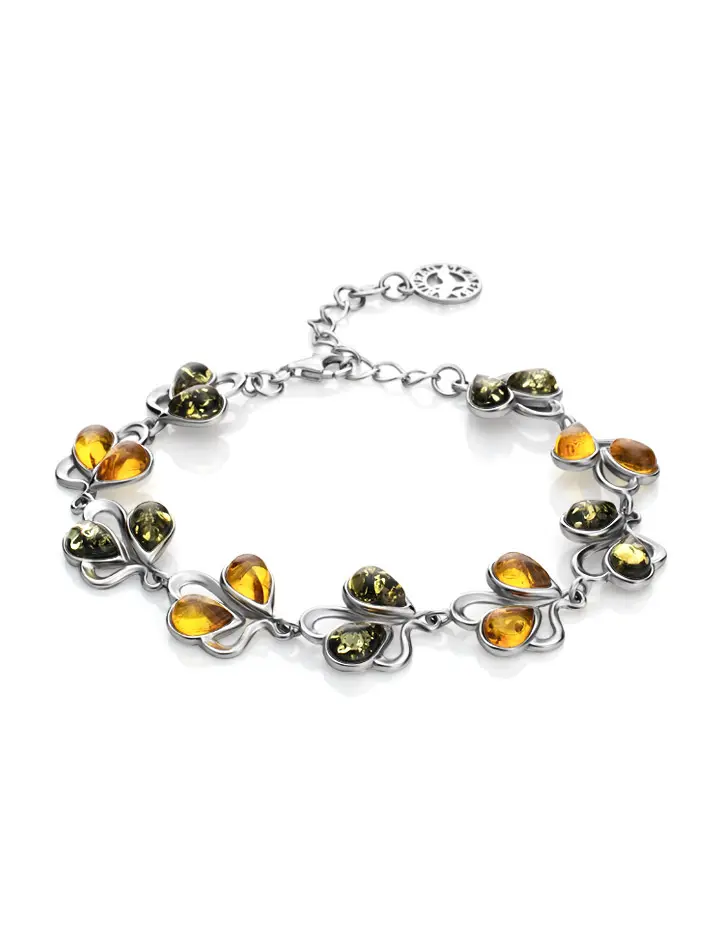 картинка Красивый серебряный браслет, украшенный янтарём двух цветов «Ландыш» в онлайн магазине