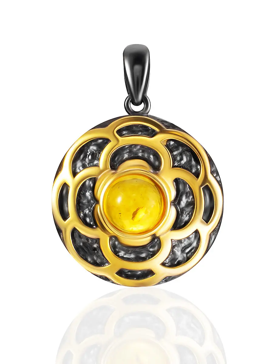 картинка Кулон из натурального янтаря «Гербера» с чернением и золочением в онлайн магазине