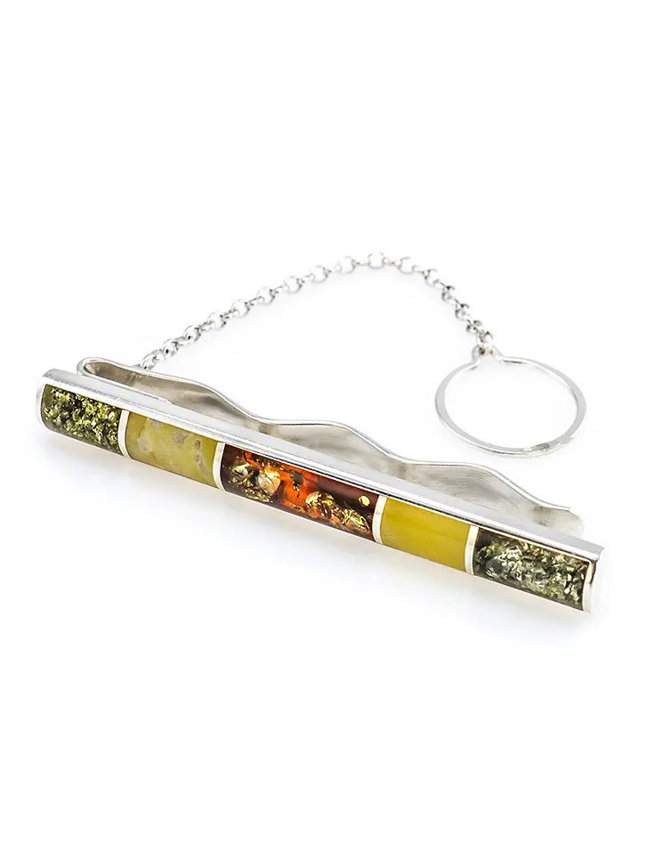 картинка Яркий зажим для галстука из серебра с натуральным балтийским янтарём трёх цветов London в онлайн магазине