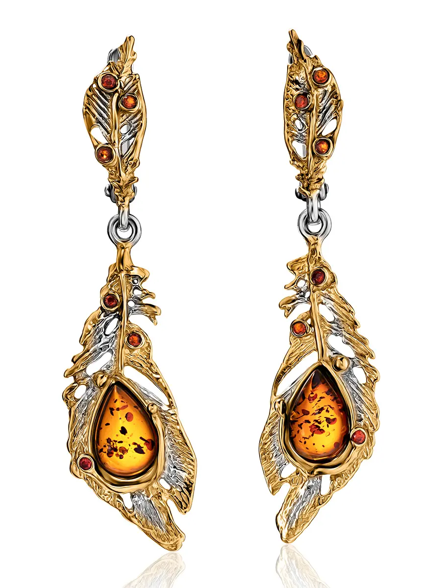 картинка Нарядные серьги, украшенные янтарём коньячного цвета «Павлин» в онлайн магазине