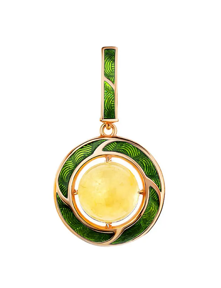 картинка Кулон из серебра с зелёной эмалью и медового янтаря «Ампир» в онлайн магазине