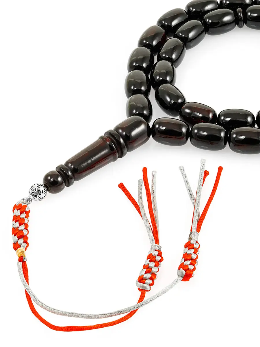 картинка Оригинальные четки на 33 бусины-бочонка из натурального тёмно-вишнёвого янтаря в онлайн магазине