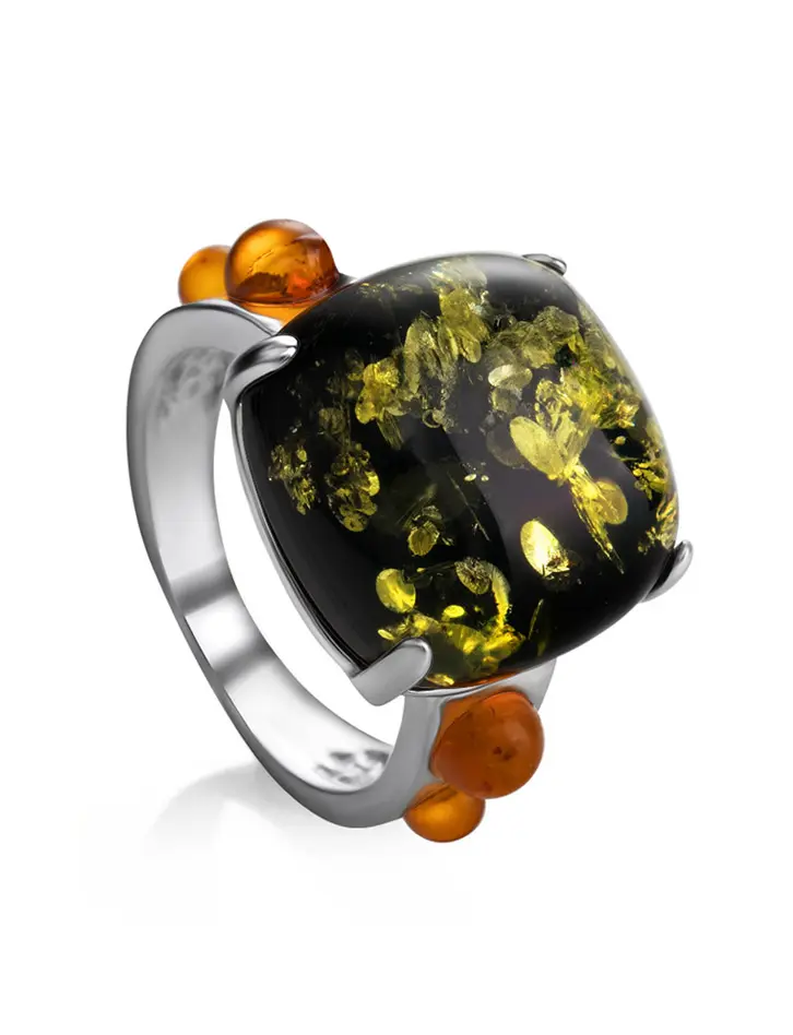 картинка Эффектное кольцо с натуральным зелёным янтарем «Троя» в онлайн магазине