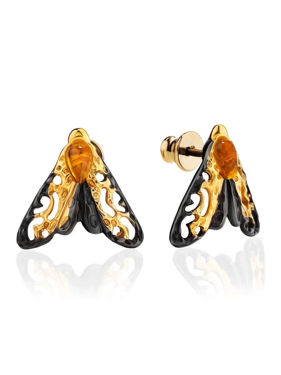 картинка Необычные серьги-гвоздики «Цокотуха» из янтаря лимонного цвета в онлайн магазине