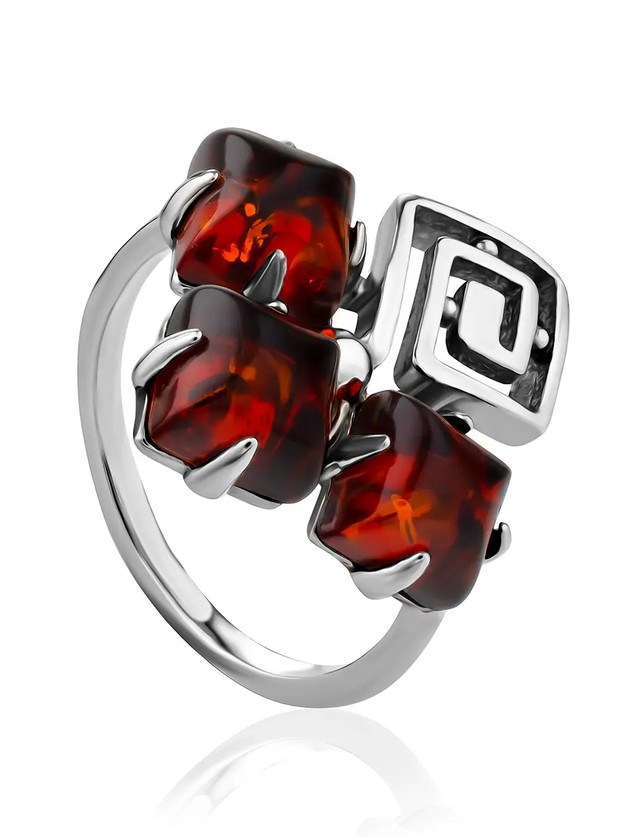картинка Стильное кольцо с янтарём коньячного цвета «Вернисаж» в онлайн магазине
