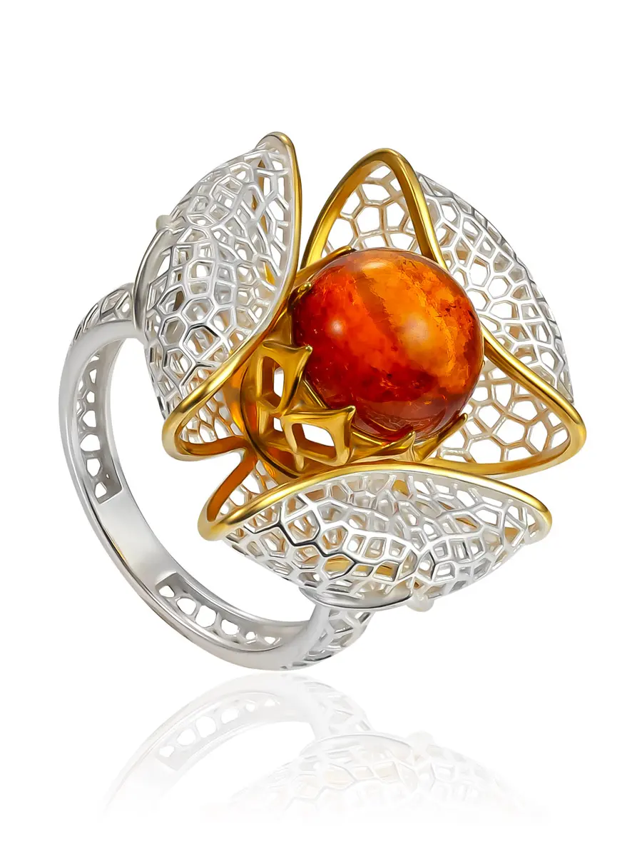 картинка Крупное ажурное кольцо «Физалис» с натуральным коньячным янтарём в онлайн магазине