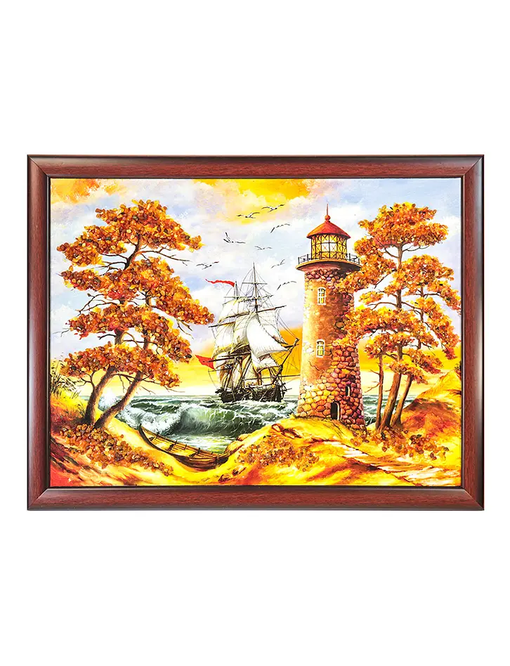 картинка Горизонтальная картина, украшенная натуральным балтийским янтарём «Парусник и маяк в шторм» 34 (В) х 44 (Ш) в онлайн магазине