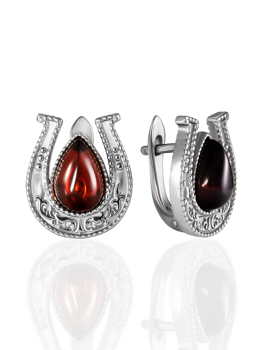 картинка Оригинальные серьги «Подкова» с натуральным вишнёвым янтарём в онлайн магазине