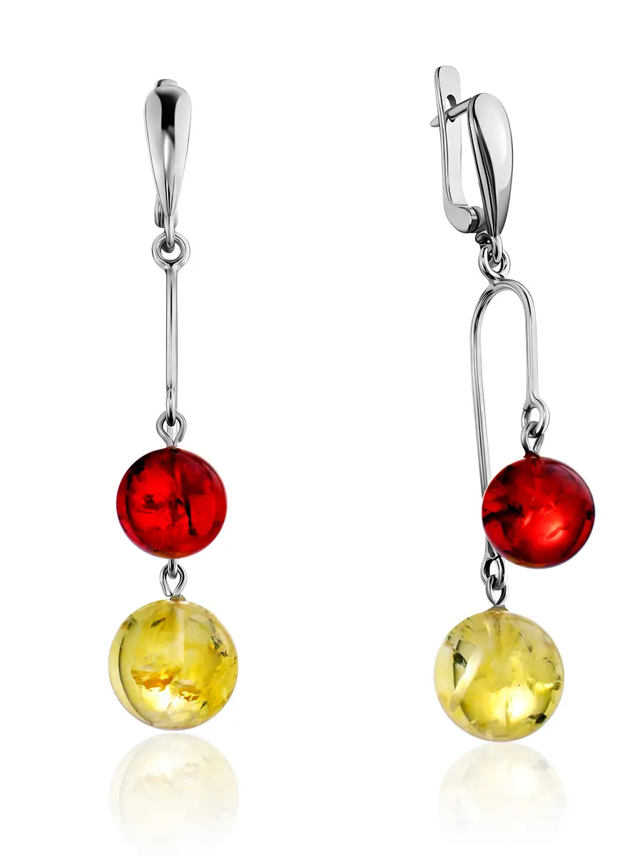 картинка Яркие стильные серьги из серебра и янтаря лимонного и красного цветов «Пигаль» в онлайн магазине