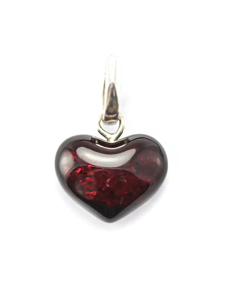 картинка Кулон «Сердце» из натурального янтаря темно-вишневого цвета с серебром в онлайн магазине