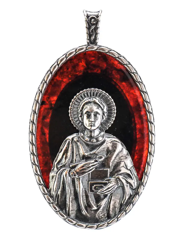 картинка «Великомученик и целитель Пантелеймон». Подвеска-образок из вишнёвого янтаря с серебром в онлайн магазине