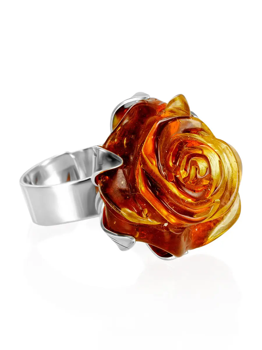 картинка Крупное серебряное кольцо с натуральным янтарем «Роза переливающаяся» в онлайн магазине