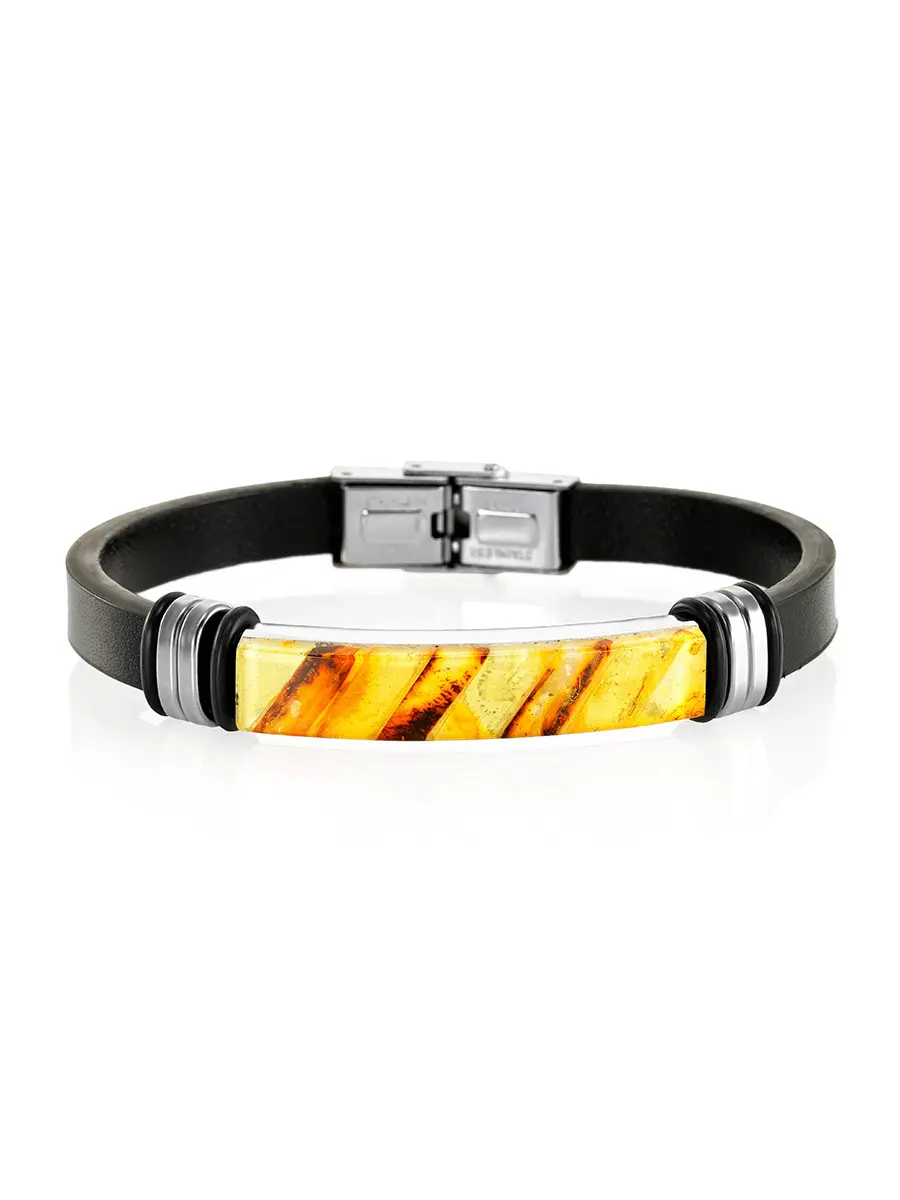 картинка Тонкий браслет в стиле унисекс из кожи с мозаикой из янтаря «Сильверстоун» в онлайн магазине
