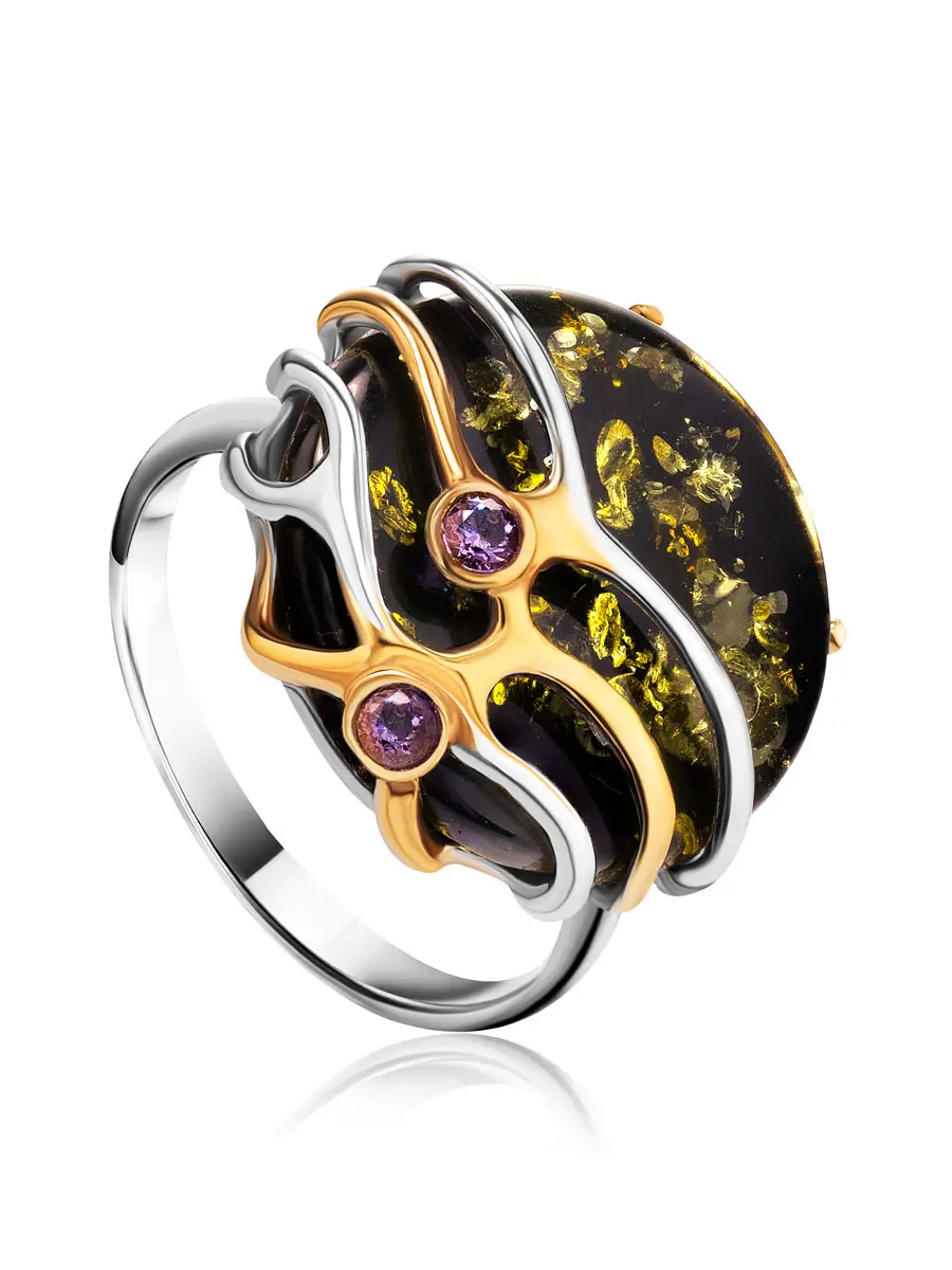 картинка Яркое нарядное кольцо из зелёного янтаря в позолоченном серебре «Феличита» в онлайн магазине
