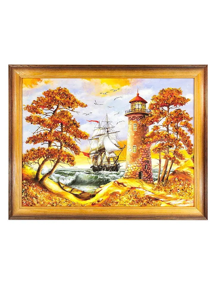 картинка Горизонтальное панно с натуральным янтарем «Парусник и маяк в шторм» в онлайн магазине
