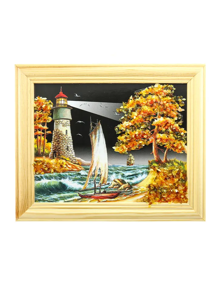 картинка Маленькая горизонтальная картина с натуральным янтарем «Ночной морской пейзаж с парусником» в онлайн магазине