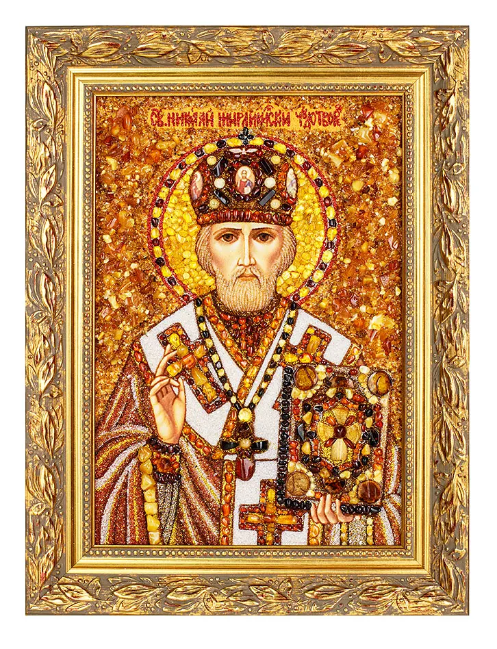 картинка Икона «Святой Николай Чудотворец Мирликийский» из натурального янтаря в онлайн магазине