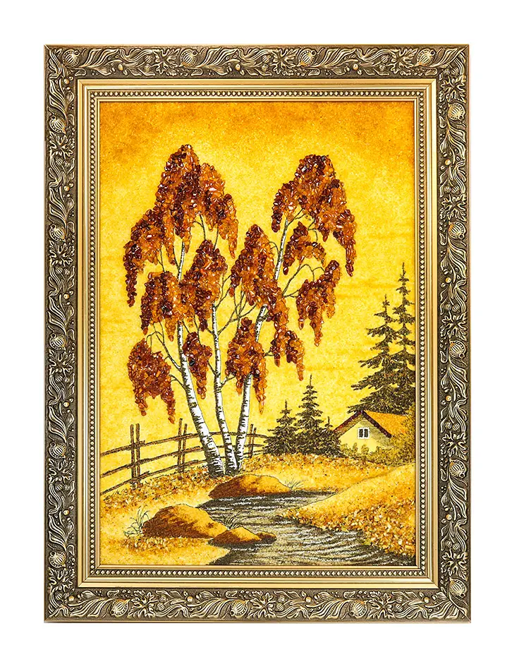 картинка Картина, выложенная натуральным янтарем «Деревенский пейзаж» в резной раме в онлайн магазине