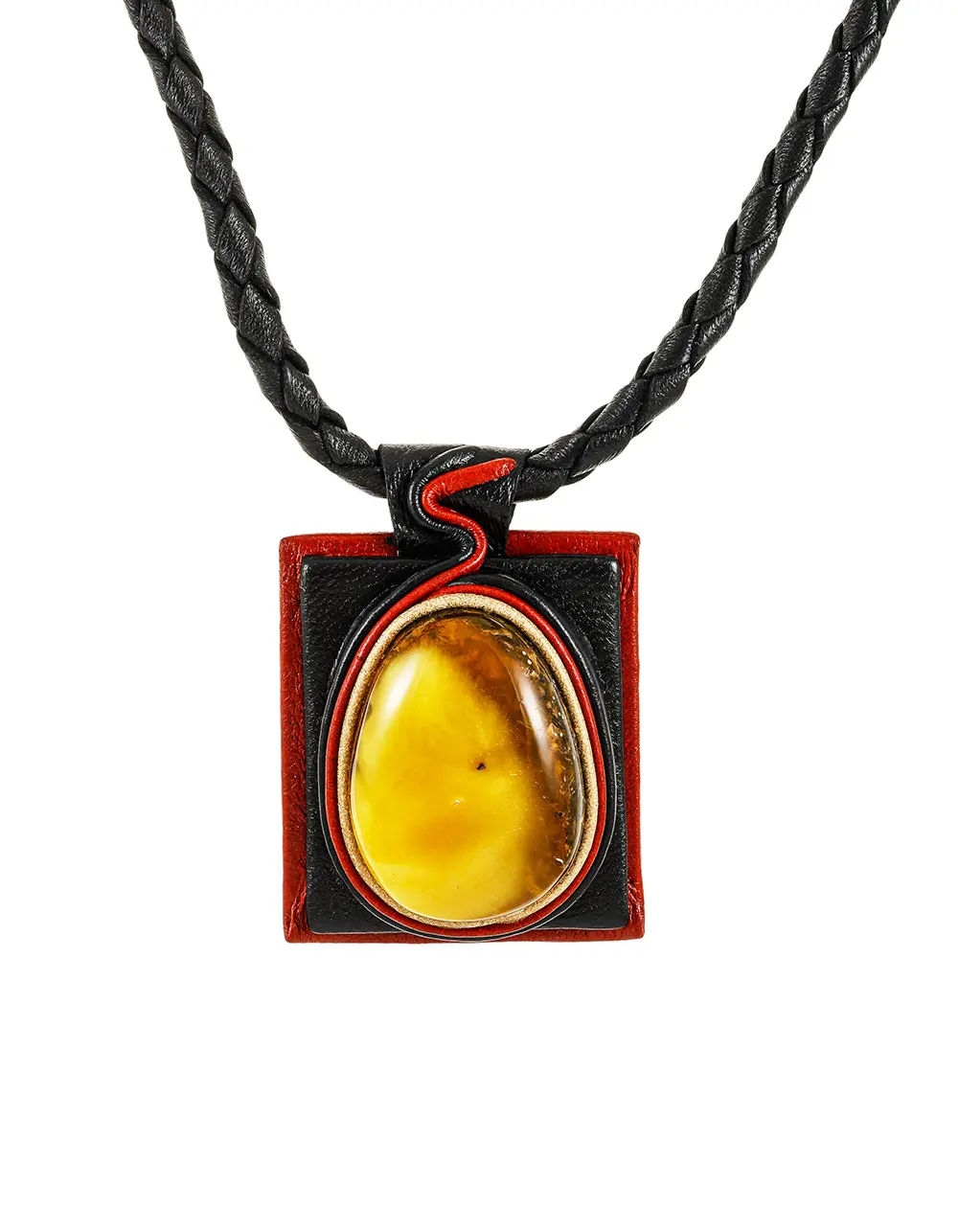 картинка Эксклюзивное колье из кожи с натуральным янтарём «Нефертити» в онлайн магазине