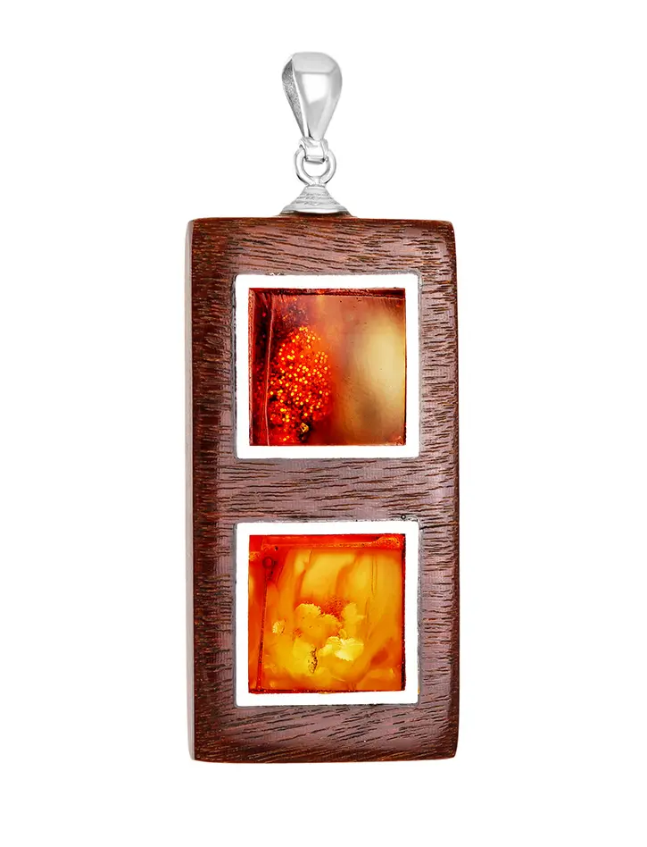 картинка Подвеска в стиле унисекс из дерева и натурального янтаря «Индонезия» в онлайн магазине