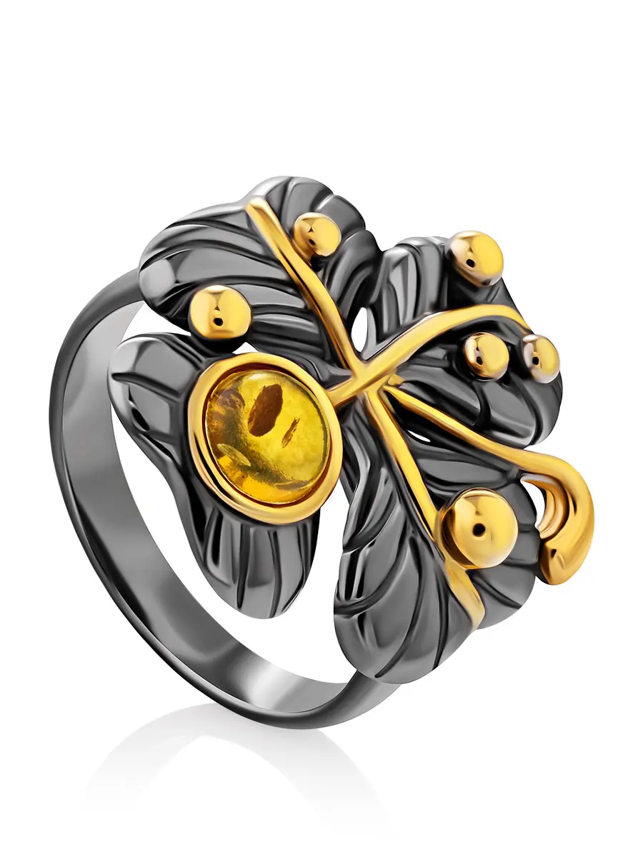 картинка Яркое красивое кольцо «Клевер» из золотистого янтаря в онлайн магазине