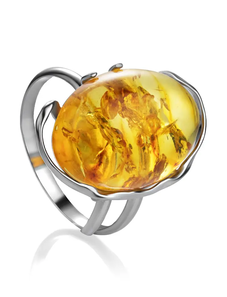 картинка Искрящееся кольцо из серебра и натурального золотисто-лимонного янтаря «Вивальди крупное» в онлайн магазине