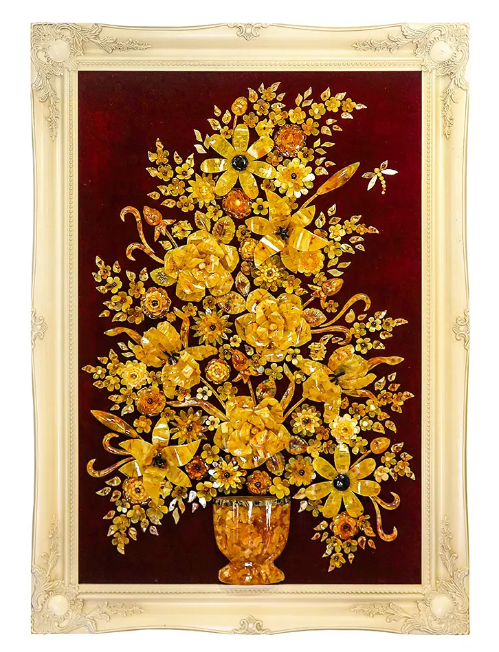 картинка Изумительная картина из натурального янтаря на бордовом бархате «Букет» в онлайн магазине