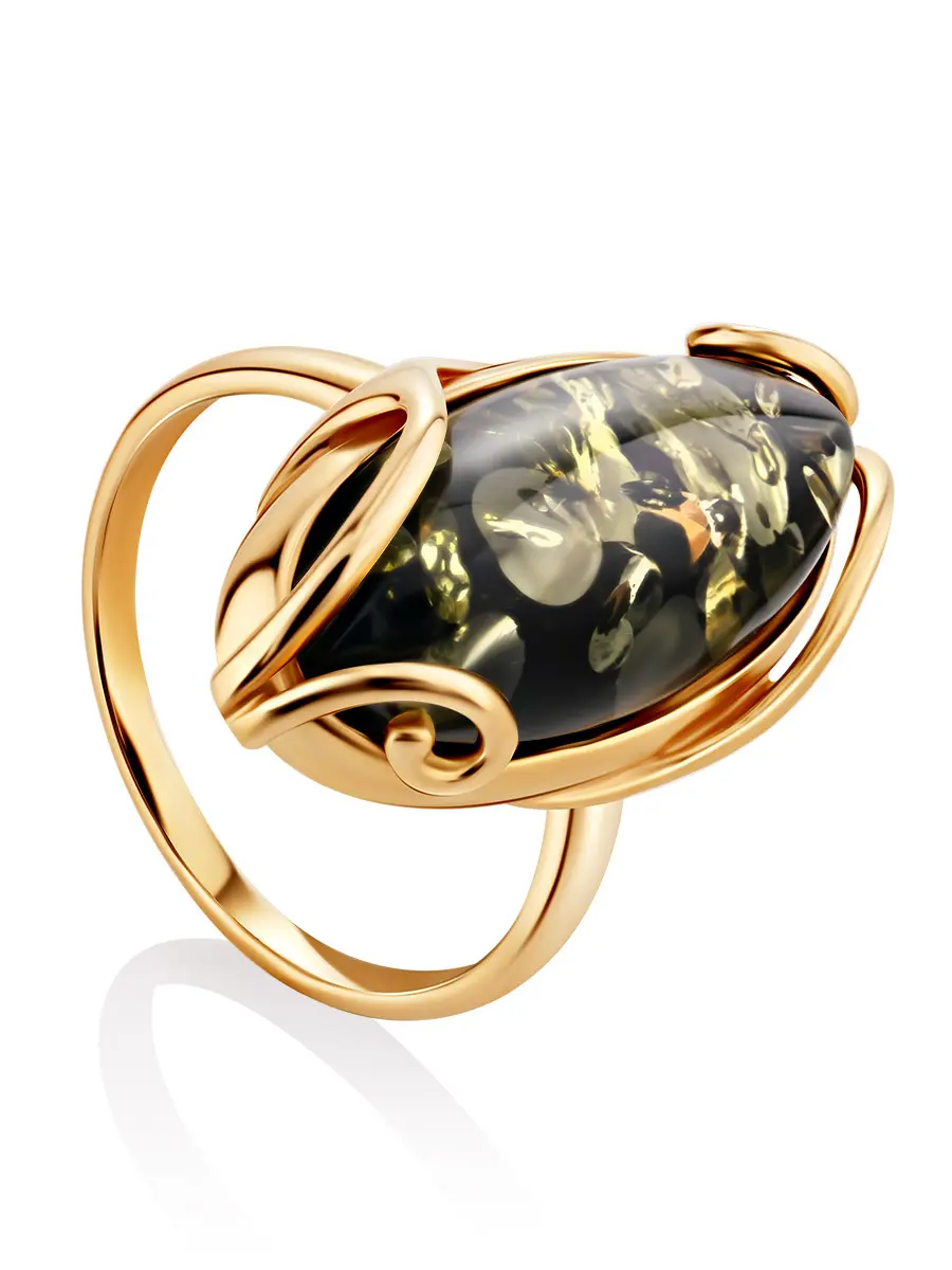 картинка Крупное кольцо из золота 585 пробы со вставкой из натурального янтаря зелёного цвета «Рококо» в онлайн магазине