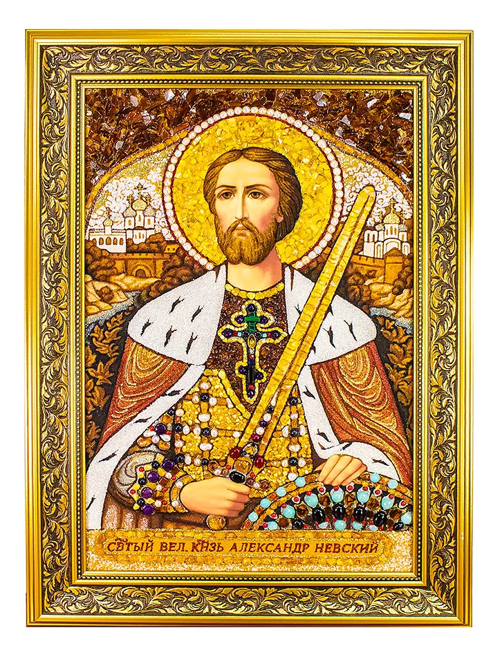 картинка Большая икона с янтарём, поделочными камнями и жемчугом «Святой благоверный князь Александр Невский» в онлайн магазине