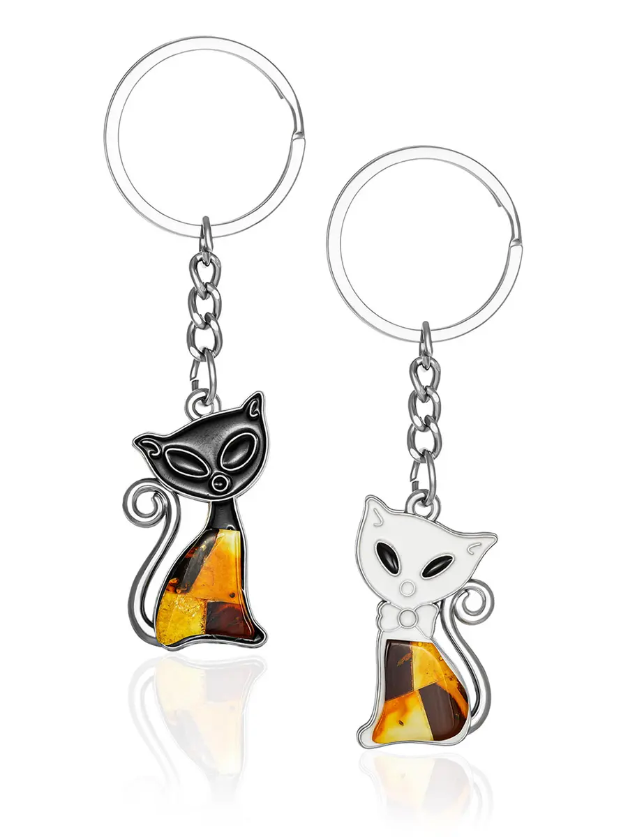 картинка Набор парных брелоков «Кошечки», украшенных янтарной мозаикой в онлайн магазине