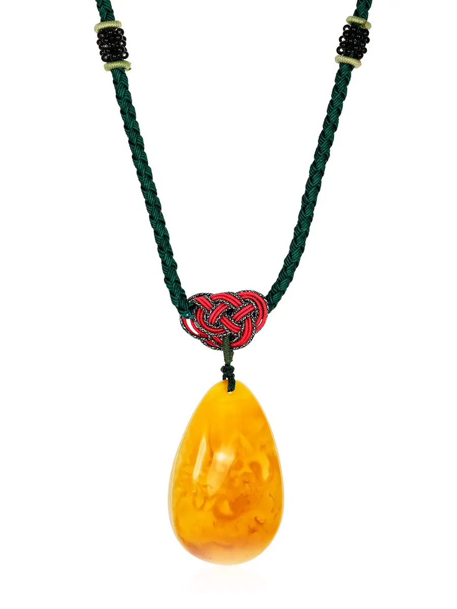 картинка Ожерелье с крупным янтарным кулоном на плетёном шнурке «Пекин» в онлайн магазине