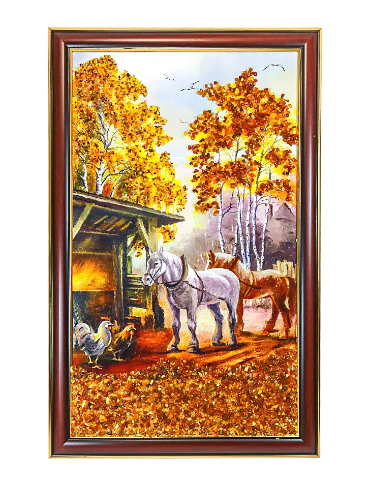 картинка Крупная вертикальная картина с натуральным янтарем «Лошади» в онлайн магазине