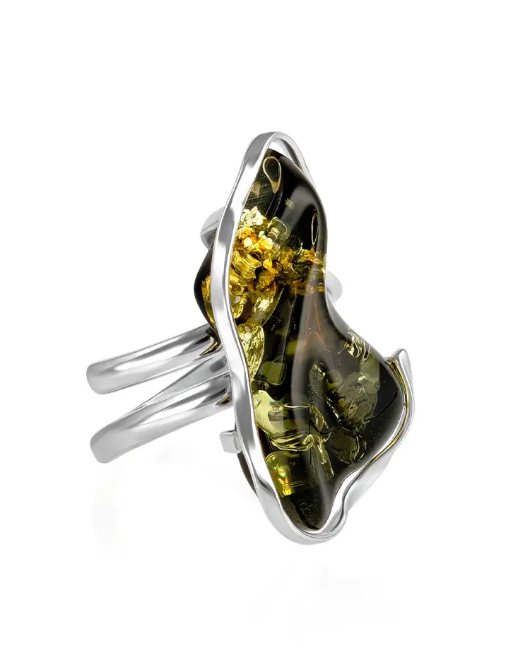 картинка Cеребряное кольцо с натуральным сверкающим янтарем зеленого цвета «Лагуна» в онлайн магазине
