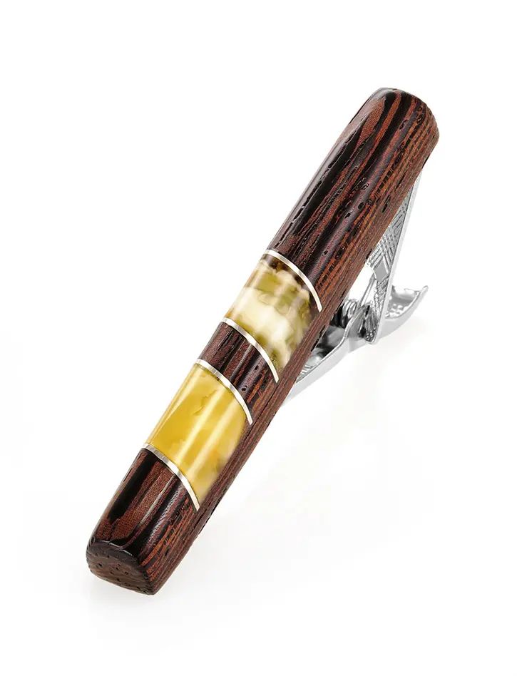 картинка Необычный зажим для галстука из дерева и натурального янтаря «Индонезия» в онлайн магазине