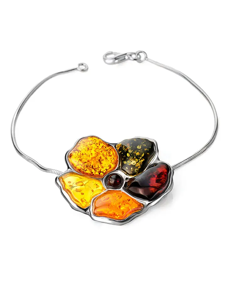 картинка Изящный браслет из серебра с натуральным янтарём трёх цветов «Апрель» в онлайн магазине