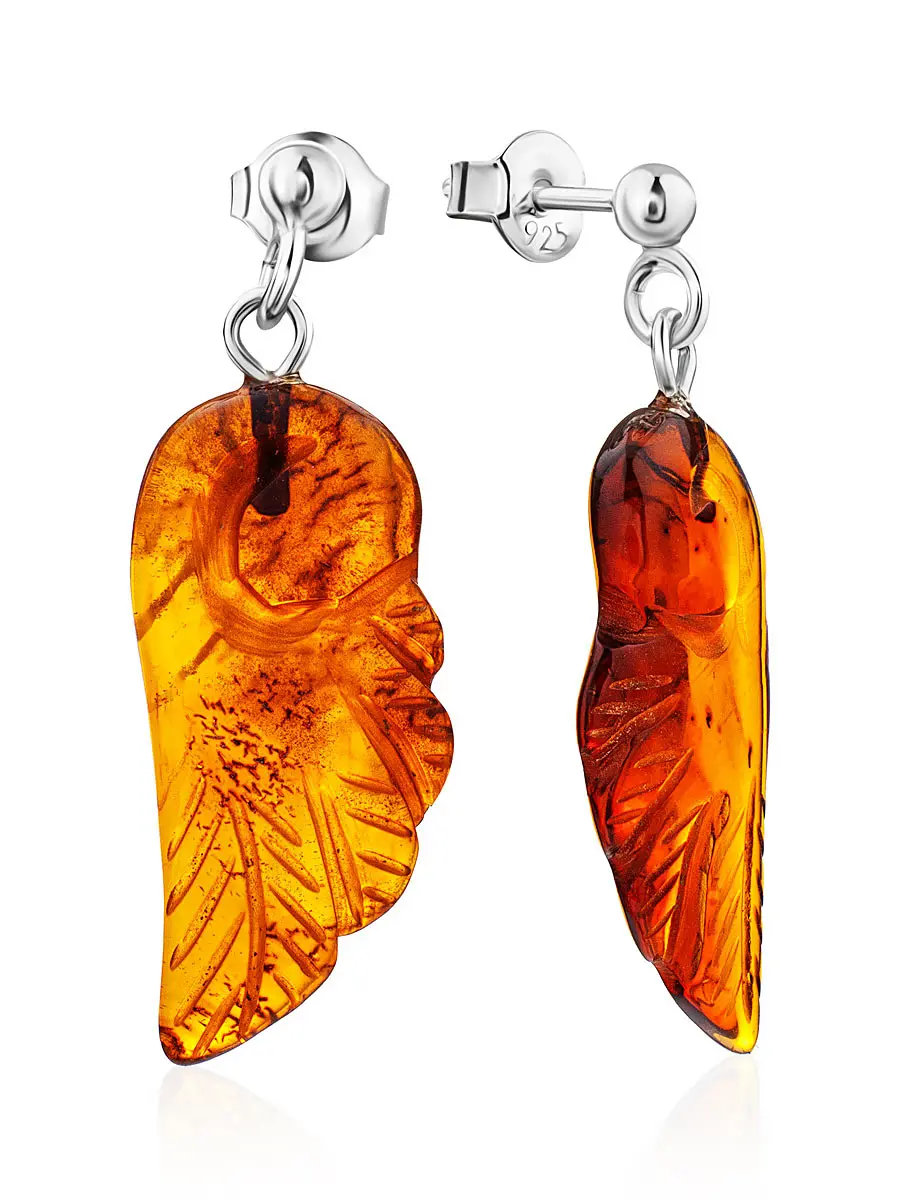 картинка Серьги-пусеты с натуральным янтарем «Крылышко» в онлайн магазине