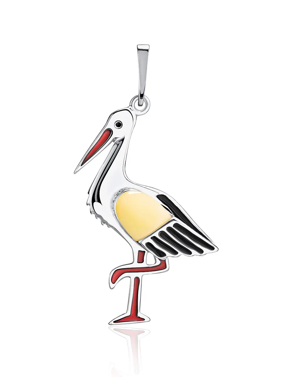 картинка Оригинальный кулон «Цапля» из серебра с натуральным янтарём в онлайн магазине