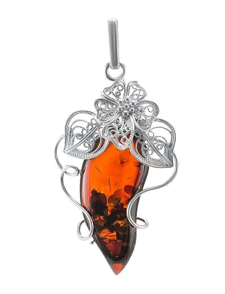 картинка Нарядная крупная подвеска из натурального янтаря насыщенного вишневого цвета в серебре «Филигрань» в онлайн магазине