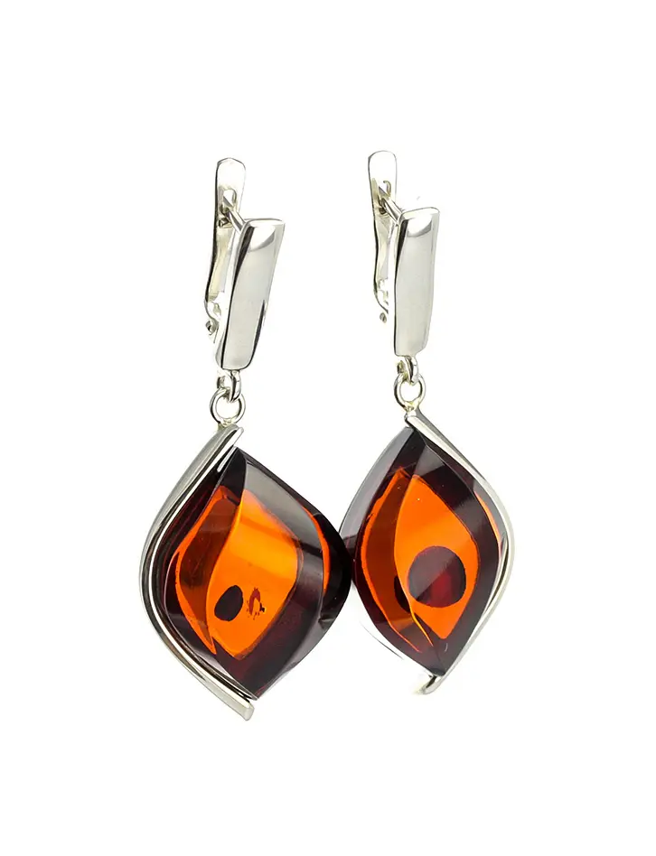 картинка Серебряные серьги с вставками из янтаря насыщенного вишневого цвета «Глянец» в онлайн магазине