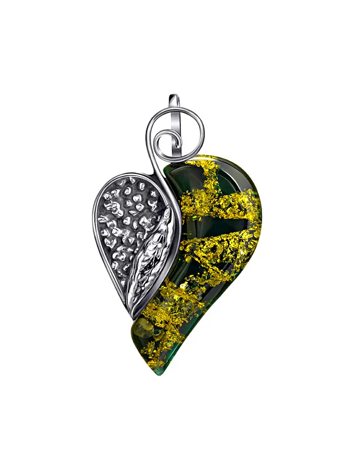 картинка Стильный кулон из серебра и натурального янтаря зелёного цвета в онлайн магазине