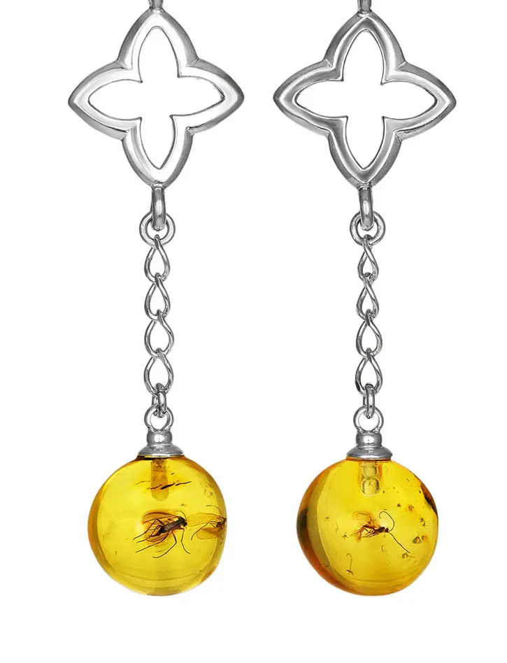 картинка Необычные удлинённые серьги из серебра и янтаря с насекомыми «Клио» в онлайн магазине