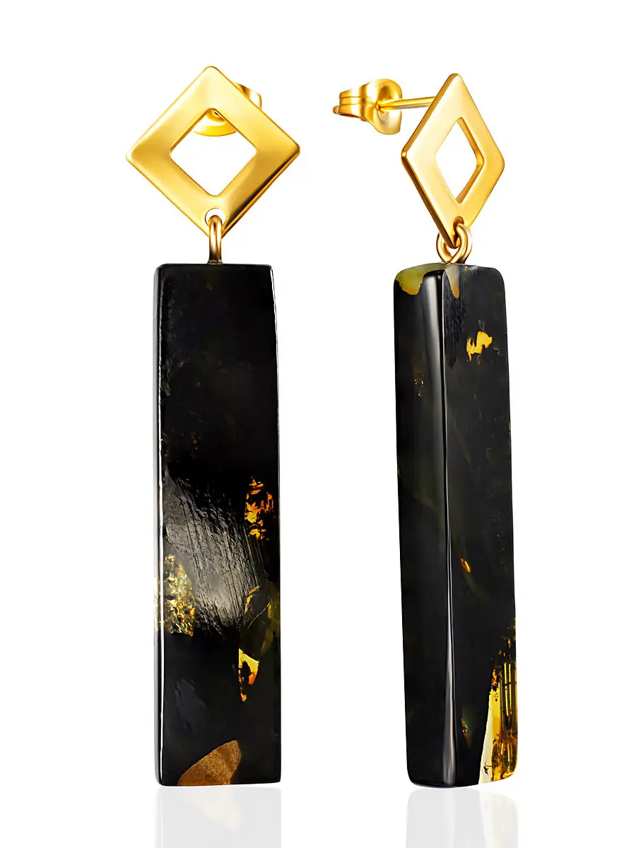 картинка Яркие серьги-гвоздики с подвеской из натурального формованного янтаря в онлайн магазине