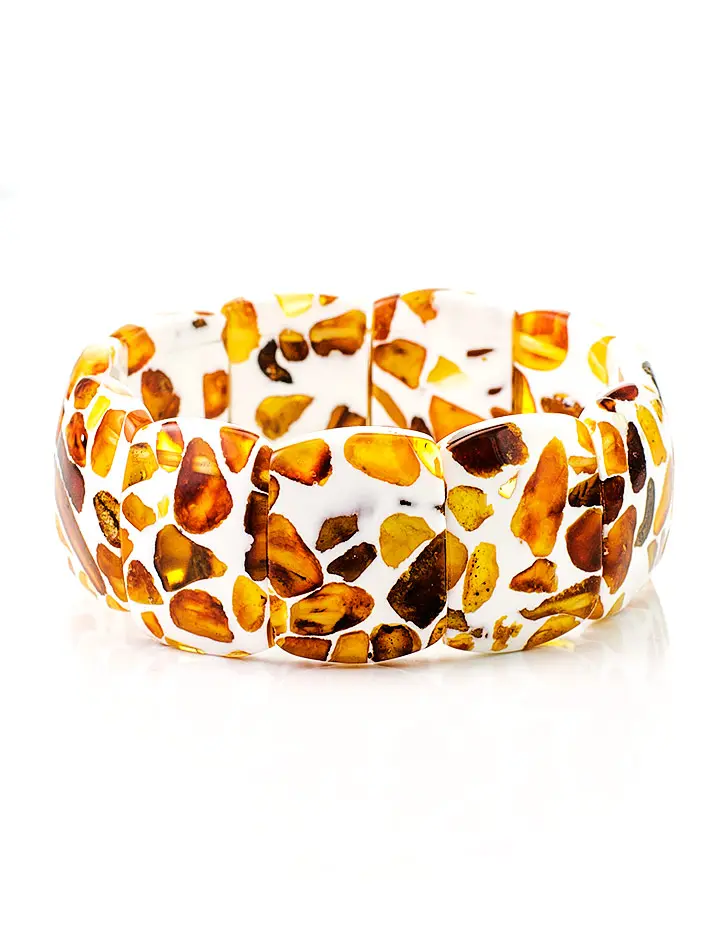 картинка Яркий мозаичный браслет «Далматин» с натуральным янтарём в онлайн магазине